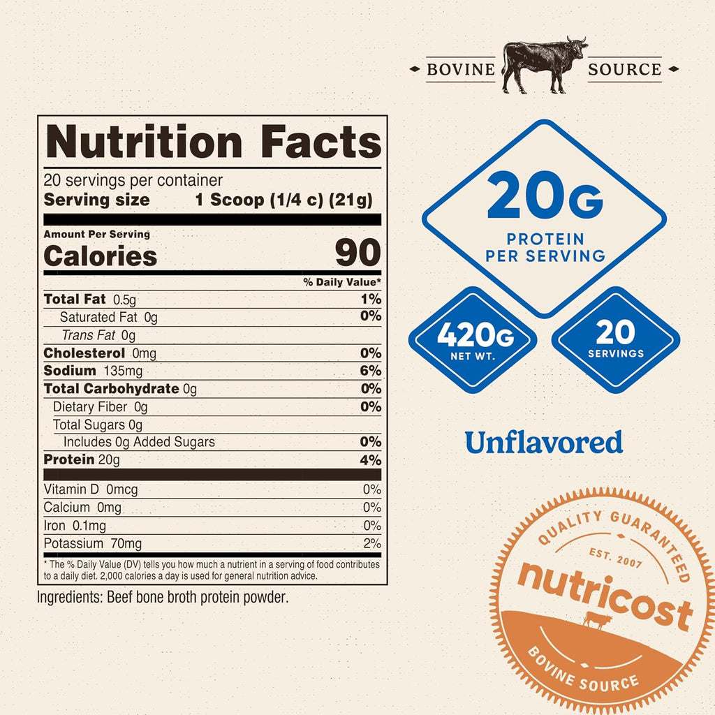 Nutricost Beef Bone Broth Protein Powder Unflavored (20 Servings) - Gluten-Free, GMO-Free