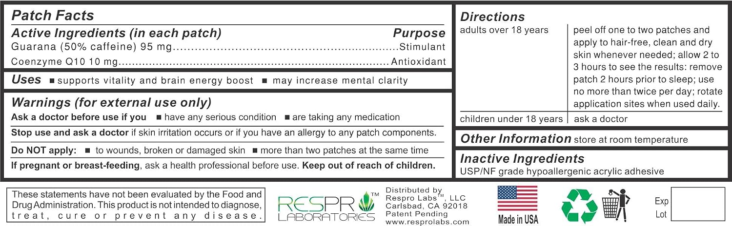 Natural Energy Patch with Guarana & CoQ10 by Respro Labs - Sustained Release, 10 Patches