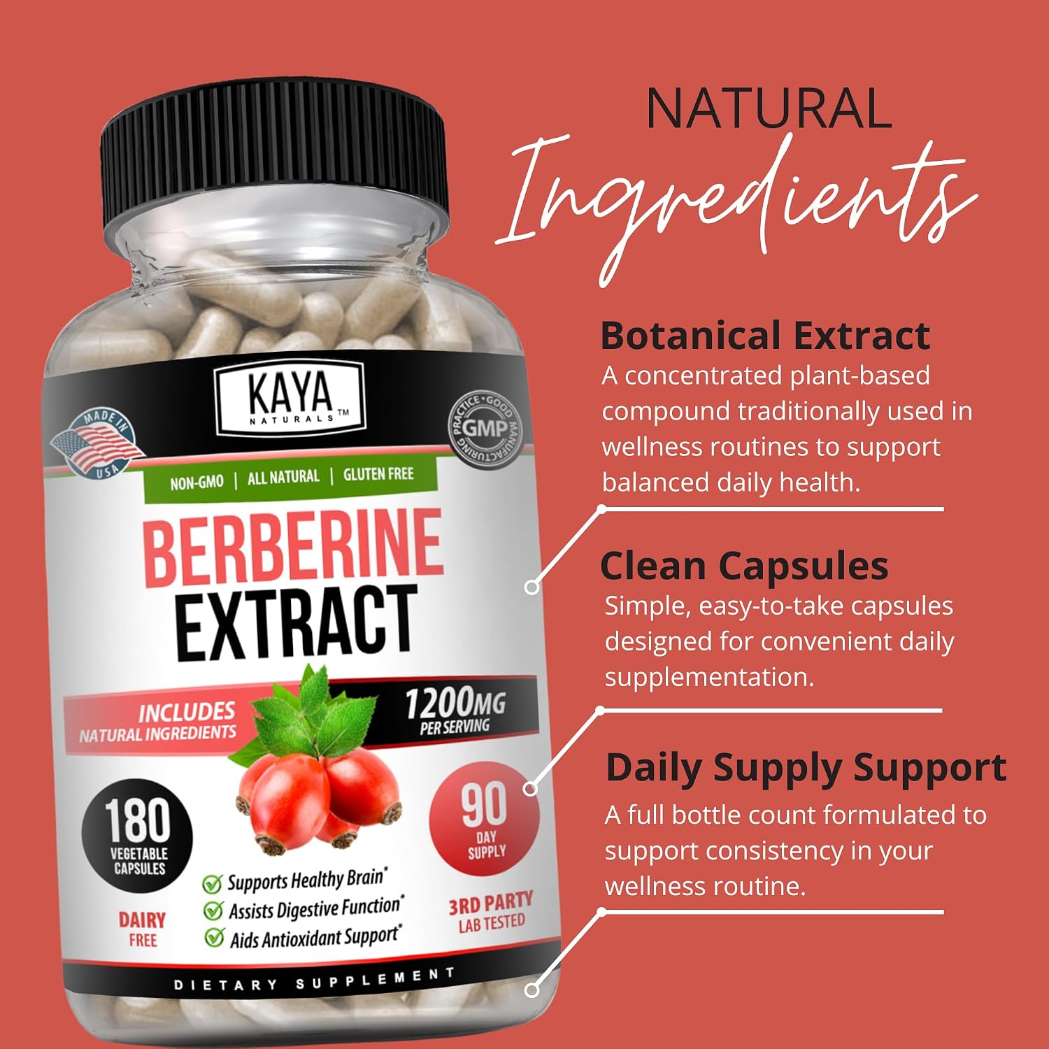 Kaya Naturals Berberina HCL 1200 mg - 180 Cápsulas Vegetarianas
