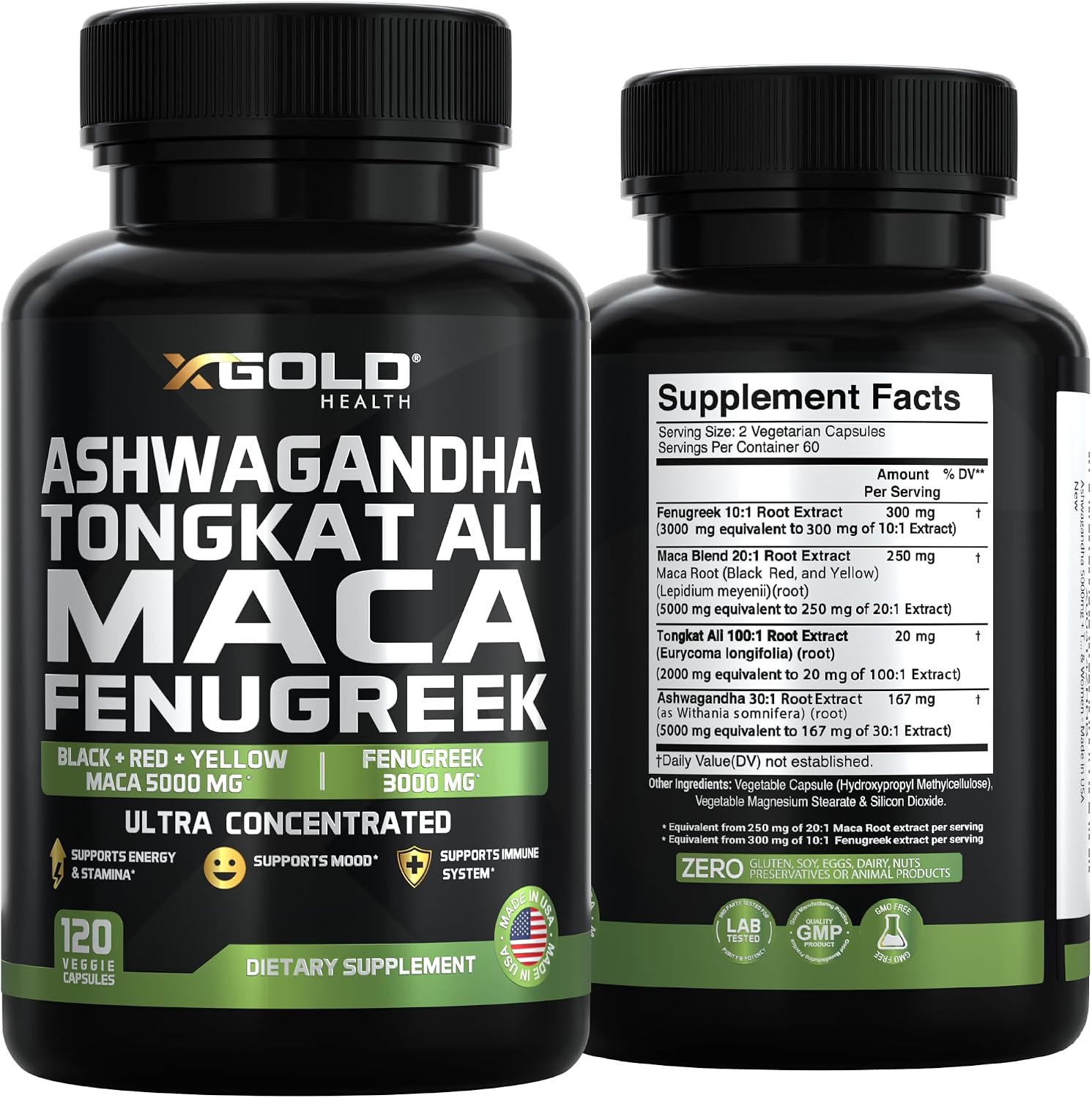 X Gold Health Complejo Herbal Ashwagandha 30:1 + Tongkat Ali 50:1 + Maca 20:1 + Fenogreco 10:1 | Extractos de Alta Potencia | Energía y Vitalidad