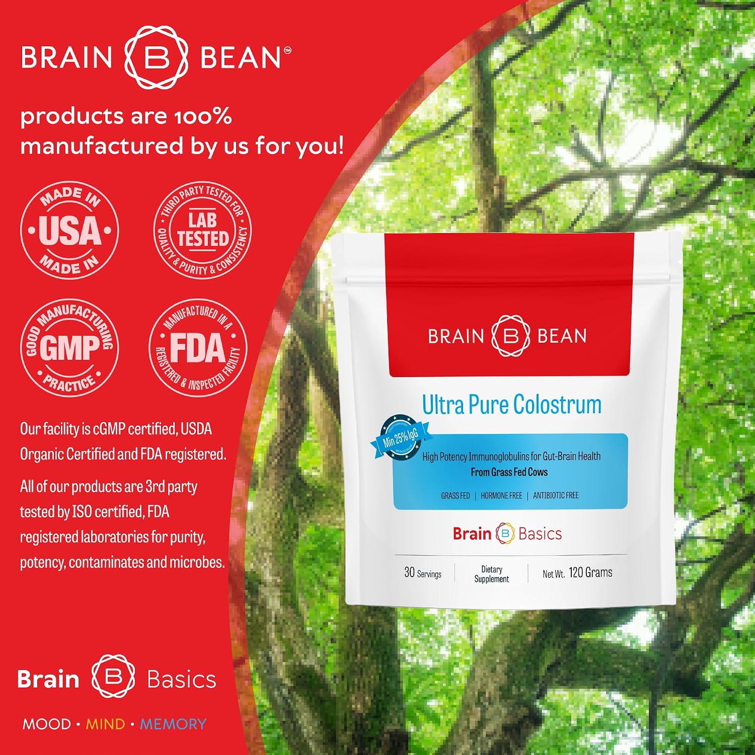 Brain Basics Ultra-Pure Colostrum en Polvo, 4000mg por Ración, Mín. 25% Anticuerpos IgG, 120 Gramos - 30 Raciones