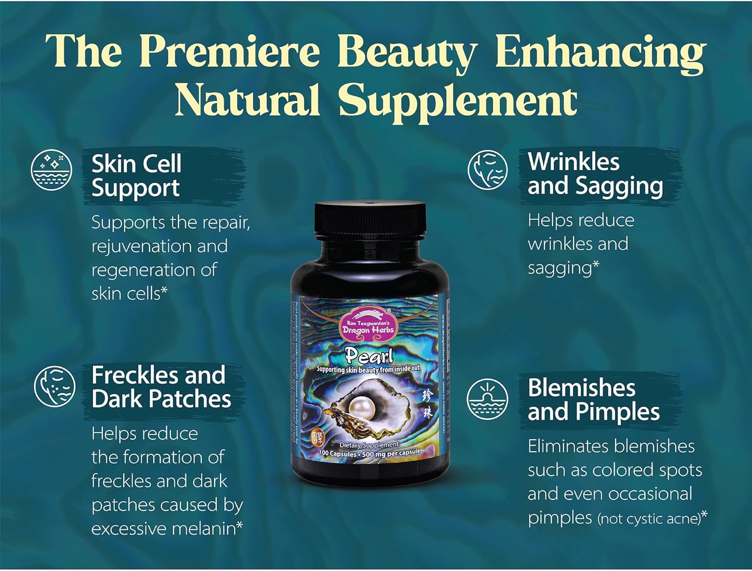 Dragon Herbs Pearl Powder - Pure Pearl Capsules for Beauty, Skin, Nails, & Eyes | Natural Ingredients, Non-GMO (100 Capsules, 500mg Per Capsule)