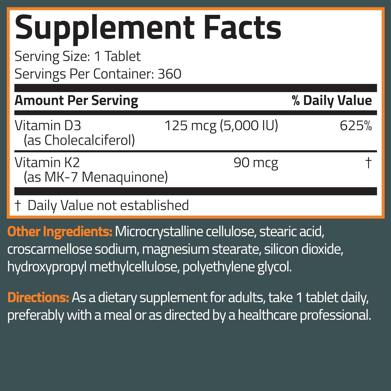 Bronson Vitamina K2 D3 (MK7) - 360 Comprimidos, D3 5000 UI (125 mcg) y K2 MK-7 90 mcg