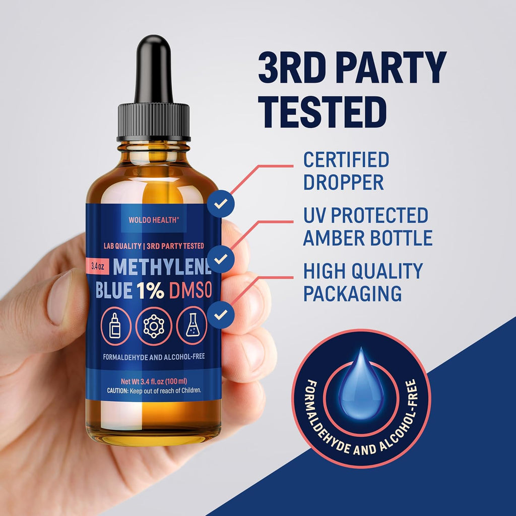 WoldoHealth DMSO 10% con Azul de Metileno 1% - Frasco de Vidrio de 100 ml con Cuentagotas, Libre de Formaldehído y Alcohol, Solución Analítica