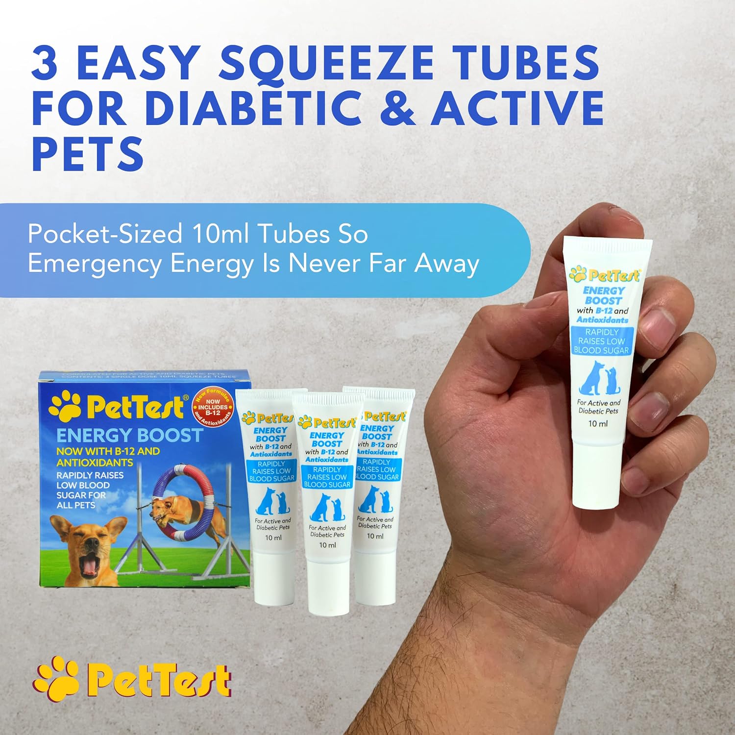 PetTest Energy Boost Glucosa SOS 3x10ml con B12 y Antioxidantes para Perros y Gatos