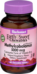 BlueBonnet Nutrition Masticables Earth Sweet, Metilcobalamina CellularActive, Frambuesa, 5,000 mcg, 60 Tabletas Masticables