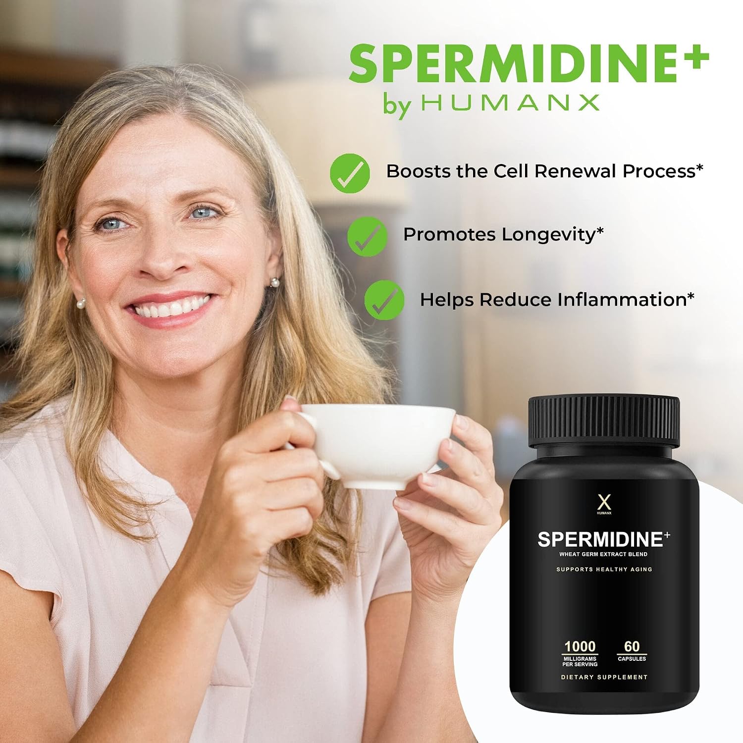 HUMANX Spermidine+ – Cápsulas de Extracto de Germen de Trigo Rico en Espermidina, Zinc y Tiamina