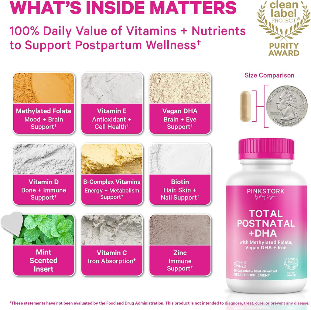 Pink Stork Total Postnatal Vitaminas para Mujeres | DHA de Algas Vegano, Folato Metilado, Hierro, B12 | Apoyo Postparto y Lactancia | 60 Cápsulas, Menta