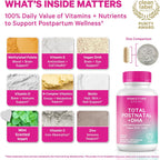 Pink Stork Total Postnatal Vitaminas para Mujeres | DHA de Algas Vegano, Folato Metilado, Hierro, B12 | Apoyo Postparto y Lactancia | 60 Cápsulas, Menta