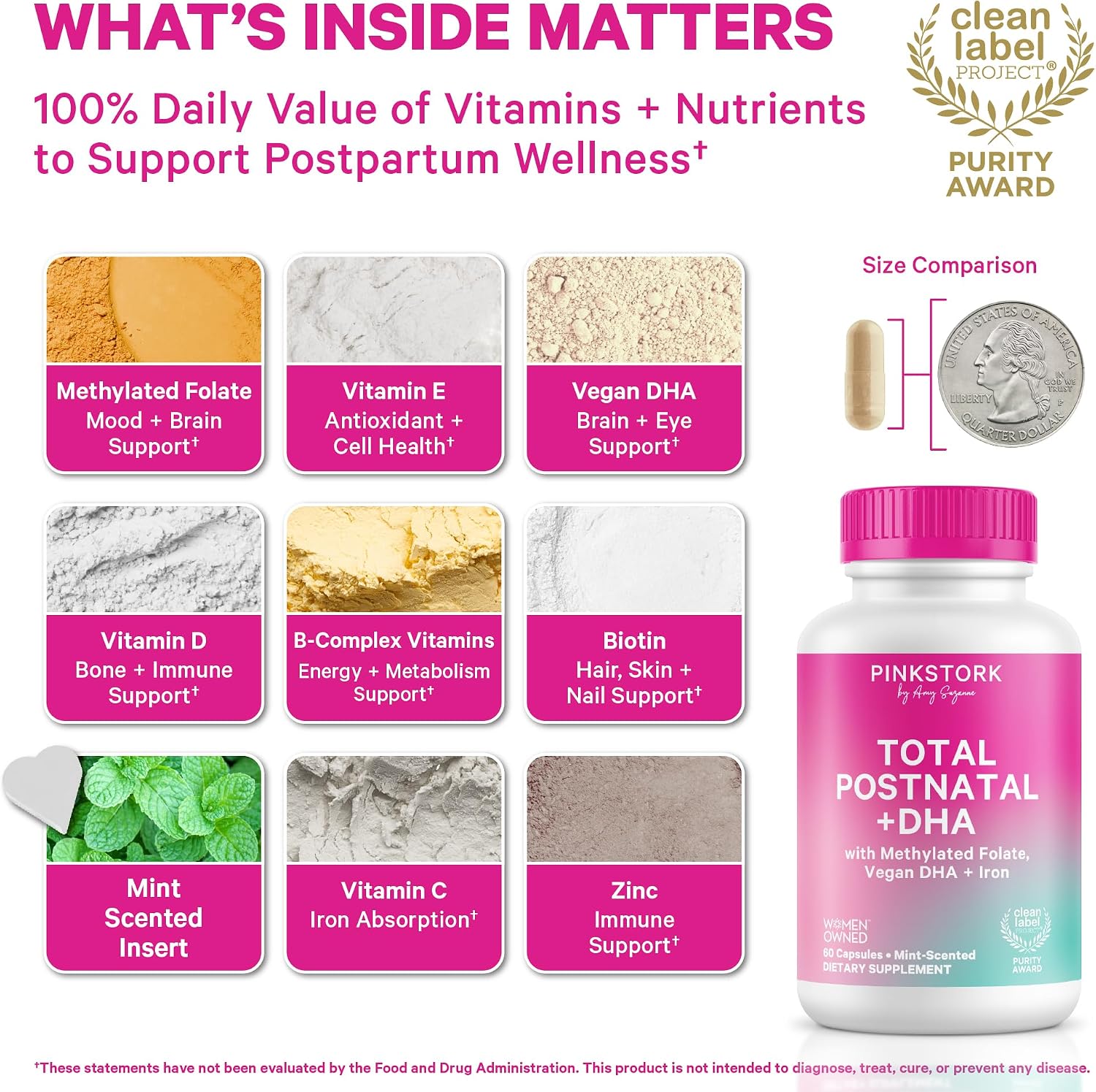 Pink Stork Total Postnatal Vitaminas para Mujeres | DHA de Algas Vegano, Folato Metilado, Hierro, B12 | Apoyo Postparto y Lactancia | 60 Cápsulas, Menta