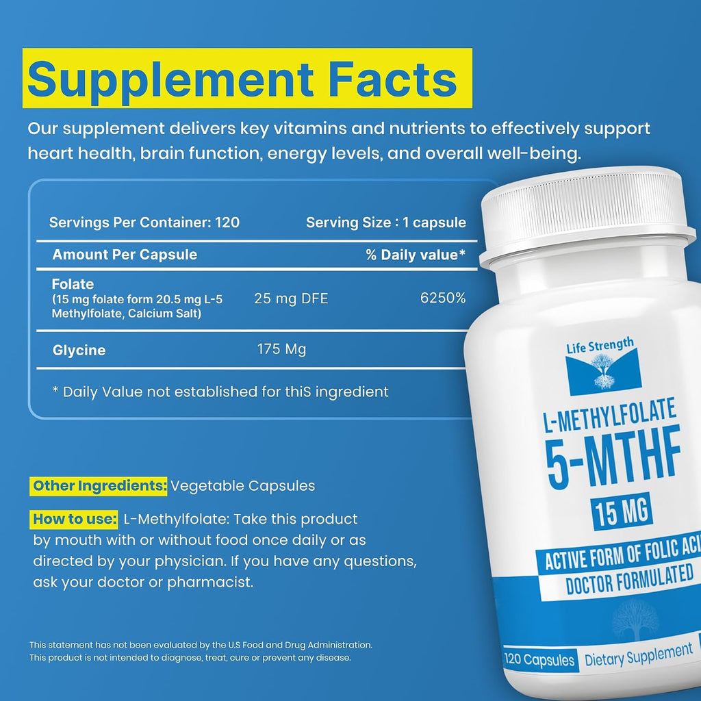 L-Metilfolato 15 mg, 120 cápsulas - Metilfolato altamente biodisponible, complemento alimenticio para ayudar al estado de ánimo y al sistema inmunológico