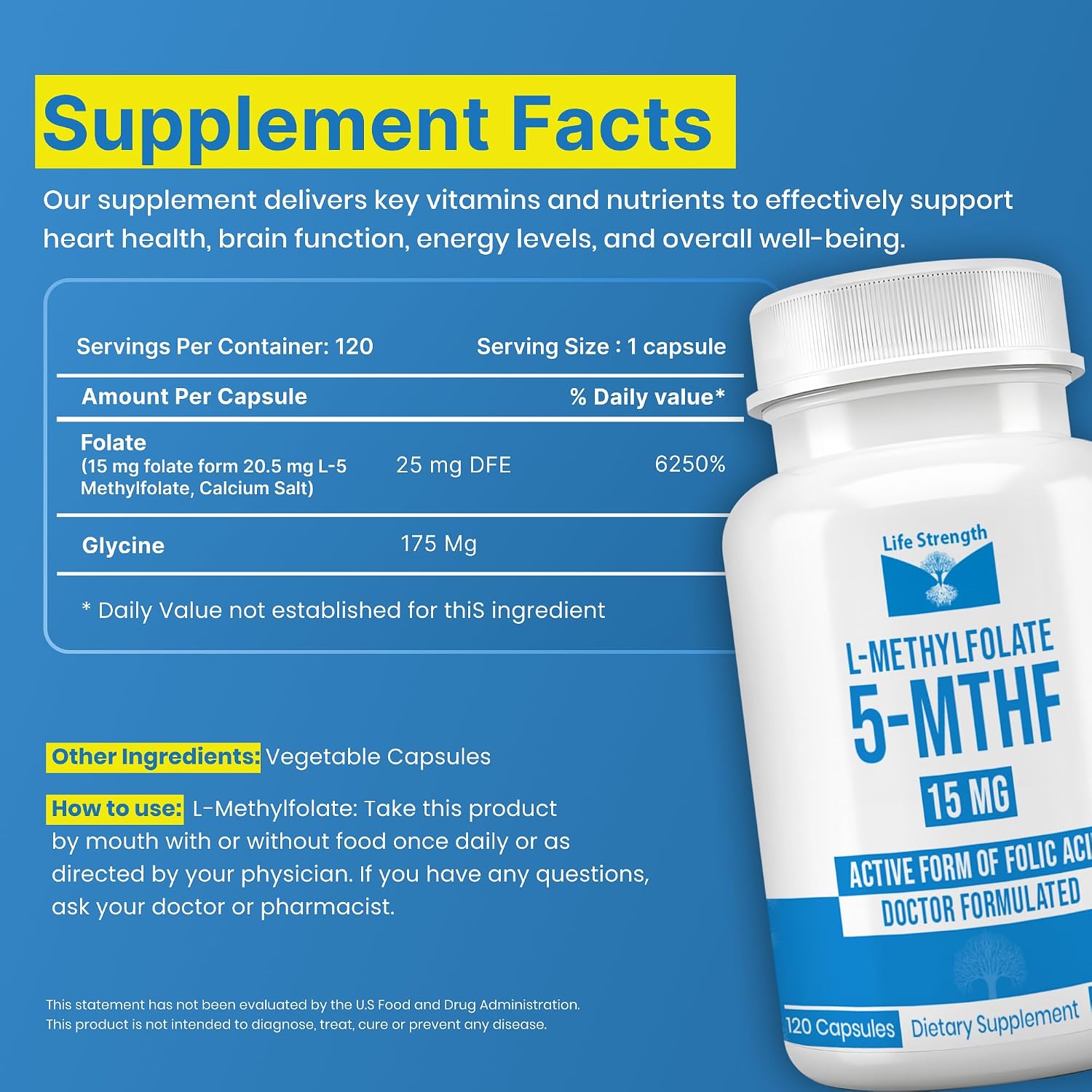 L-Metilfolato 15 mg, 120 cápsulas - Metilfolato altamente biodisponible, complemento alimenticio para ayudar al estado de ánimo y al sistema inmunológico