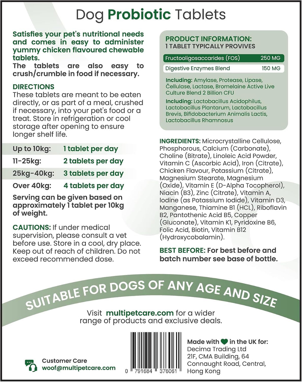 Multipetcare Probióticos para Perros – 5 Cepas, 2 Mil Millones UFC + Enzimas Digestivas y Prebióticos | Salud Digestiva, Heces Firmes, Menos Gases | con Vitaminas del Grupo B | Sabor a Pollo | 120 Comprimidos