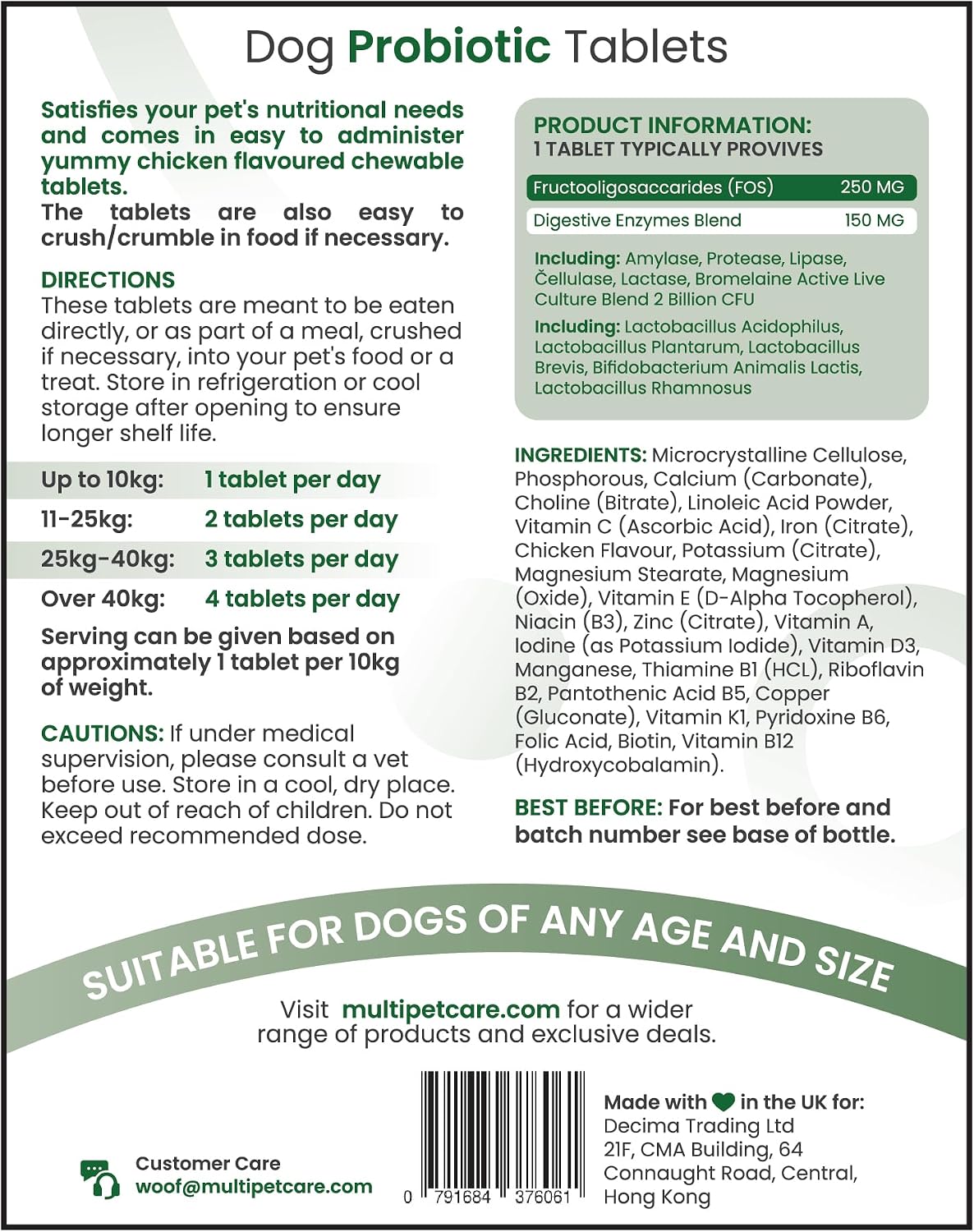 Multipetcare Probióticos para Perros – 5 Cepas, 2 Mil Millones UFC + Enzimas Digestivas y Prebióticos | Salud Digestiva, Heces Firmes, Menos Gases | con Vitaminas del Grupo B | Sabor a Pollo | 120 Comprimidos