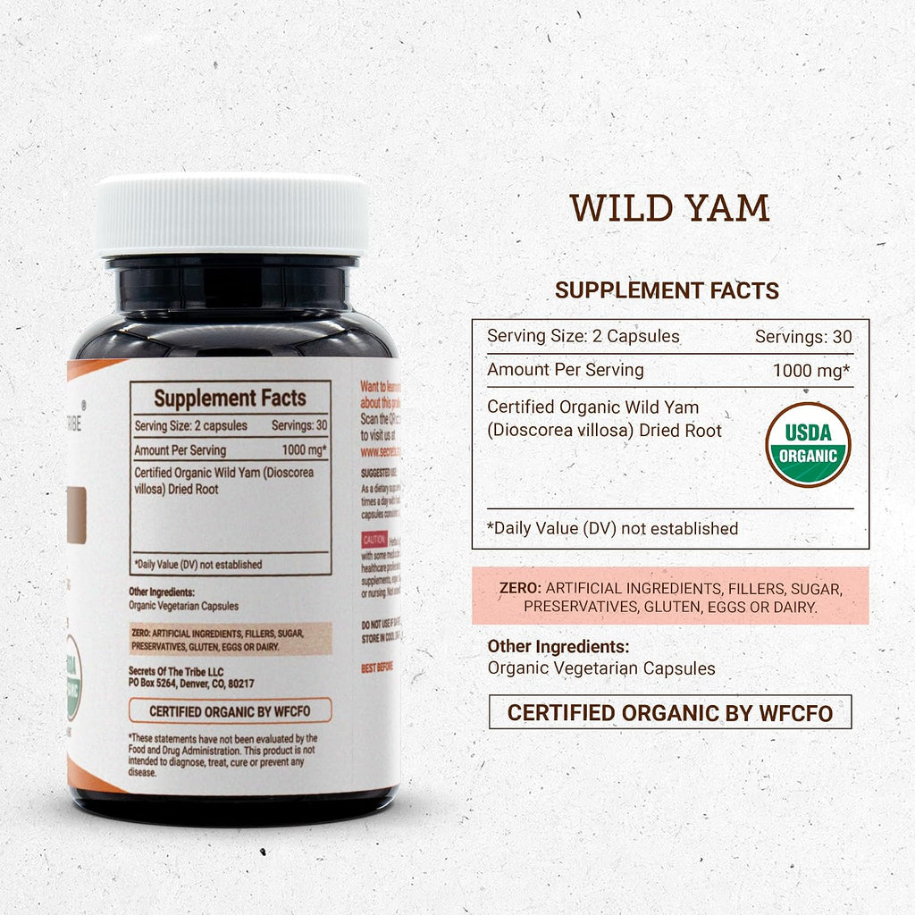 Secrets of the Tribe Wild Yam (Dioscorea Villosa) USDA Orgánico 60 Cápsulas