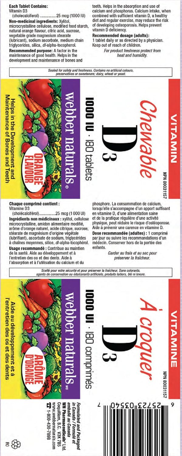 Webber Naturals Vitamin D3 1000 IU, Orange Flavour, 180 Chewable Tablets