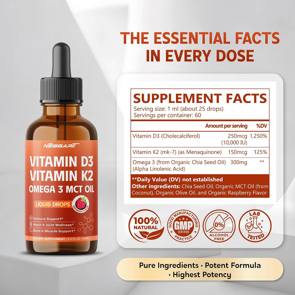 NESSARIT Vitamina D3 10.000 UI y K2 150 mcg Gotas Líquidas con Aceite MCT Omega 3 - Sabor Frambuesa - 60 ml