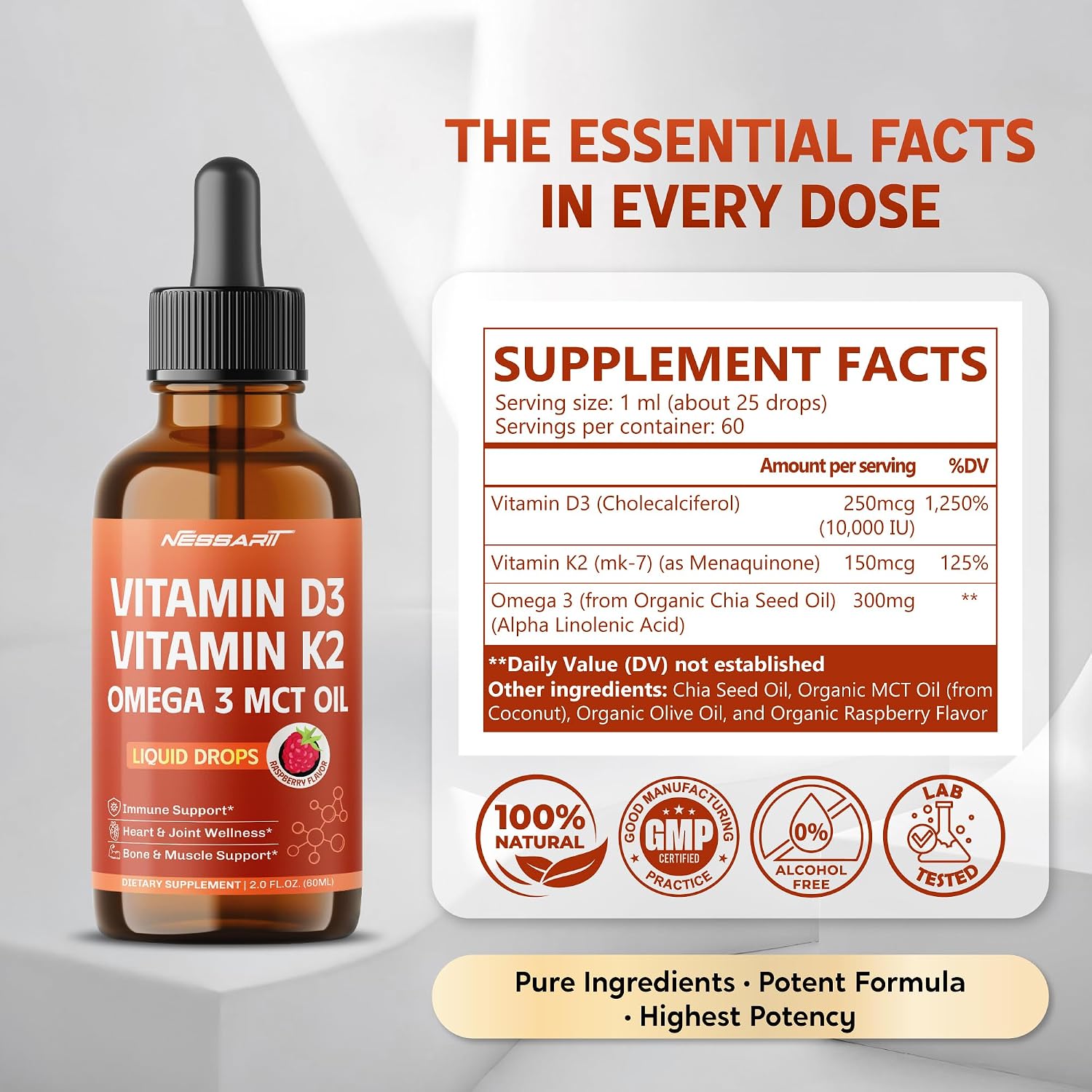NESSARIT Vitamina D3 10.000 UI y K2 150 mcg Gotas Líquidas con Aceite MCT Omega 3 - Sabor Frambuesa - 60 ml