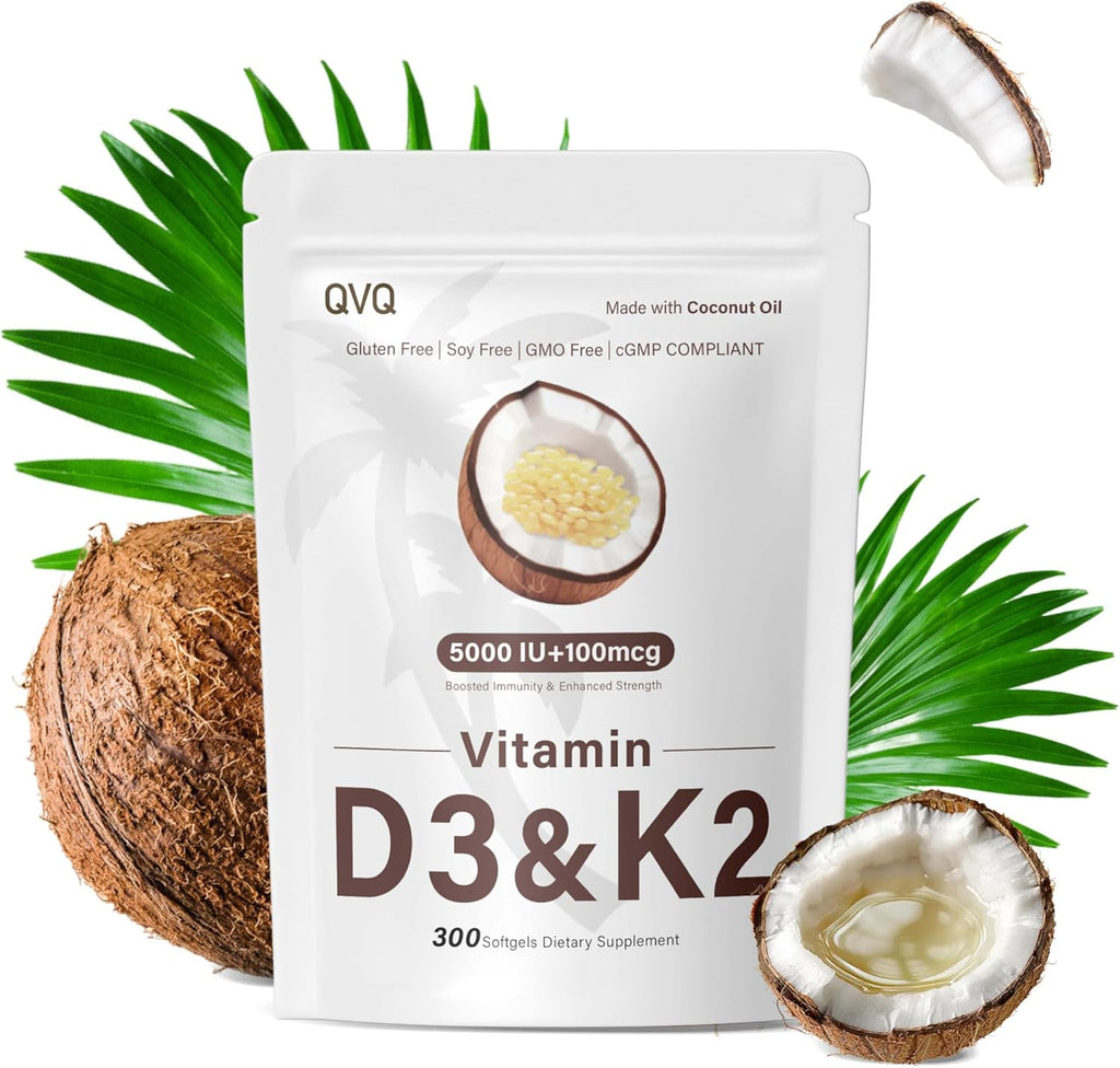 QVQ Vitamina D3 10000 UI + K2 (MK-7) 200 mcg, 300 Cápsulas blandas con aceite de coco virgen