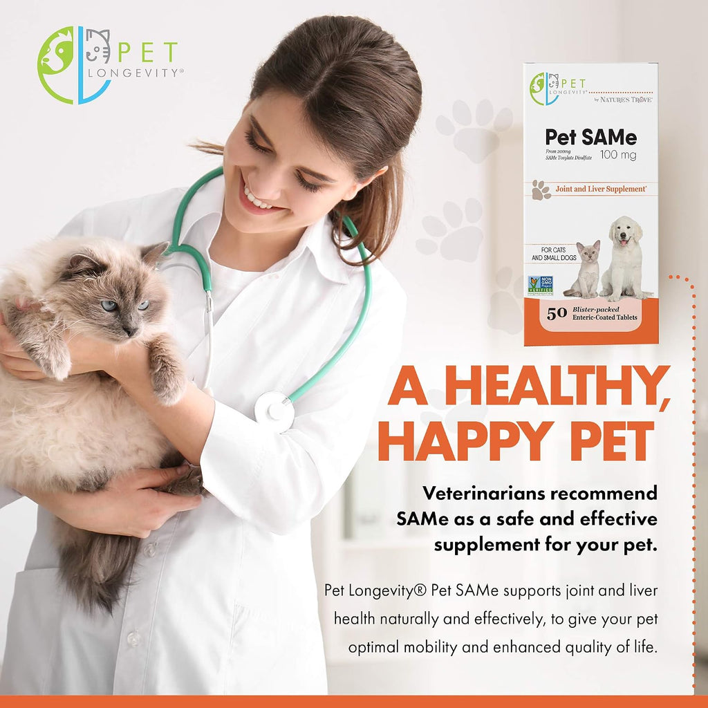 Pet Longevity SAM-e 100 mg – Complemento para el Hígado y Articulaciones para Gatos y Perros Pequeños – 50 Comprimidos con Recubrimiento Entérico