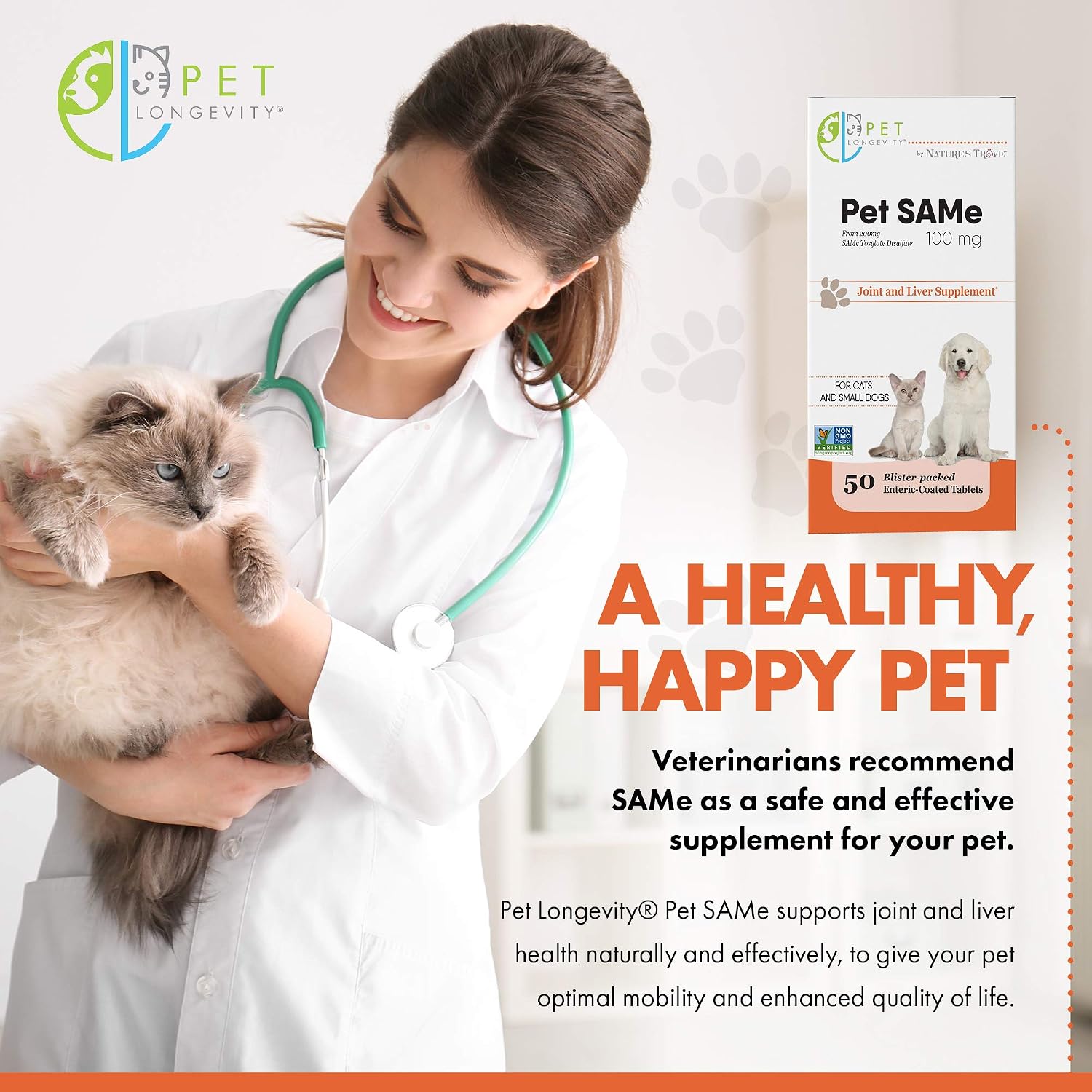 Pet Longevity SAM-e 100 mg – Complemento para el Hígado y Articulaciones para Gatos y Perros Pequeños – 50 Comprimidos con Recubrimiento Entérico