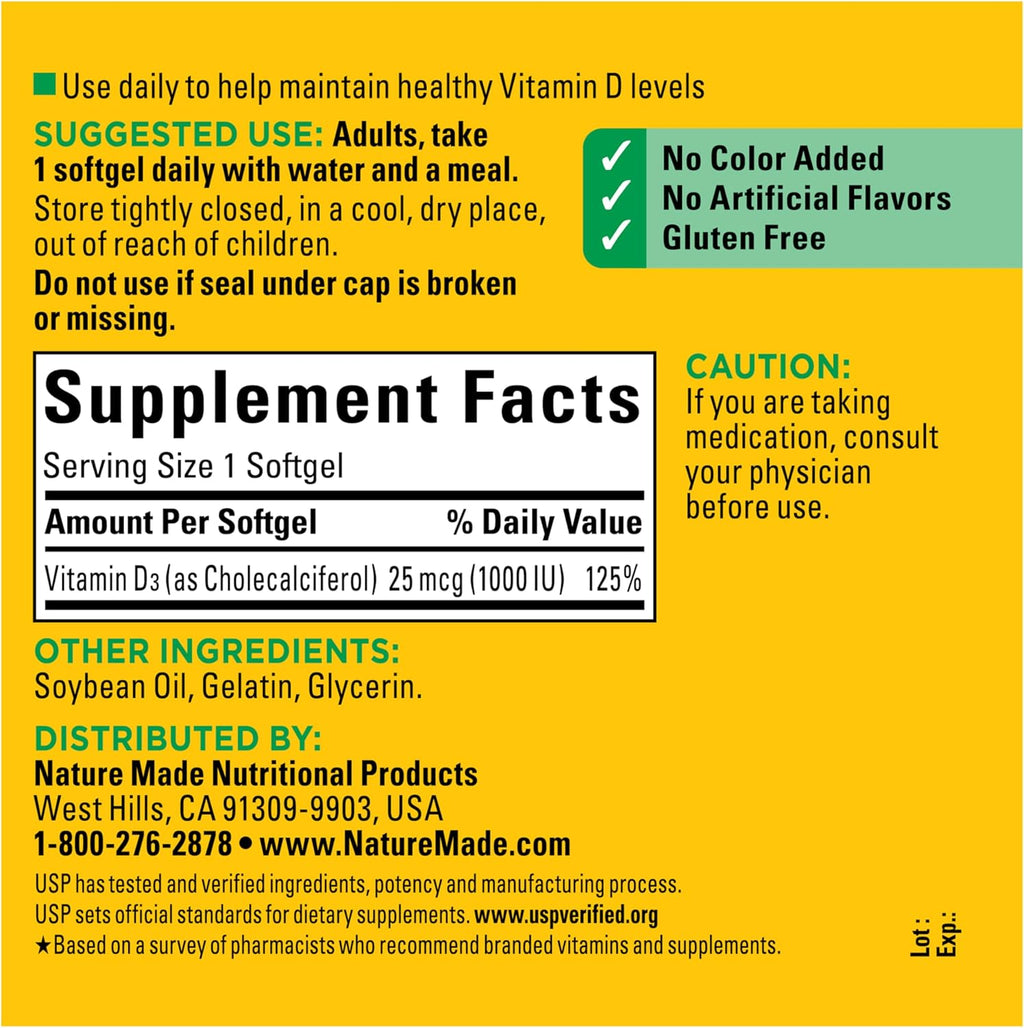 Nature Made Vitamina D3 1000 IU (25 mcg) - 300 Cápsulas Blandas