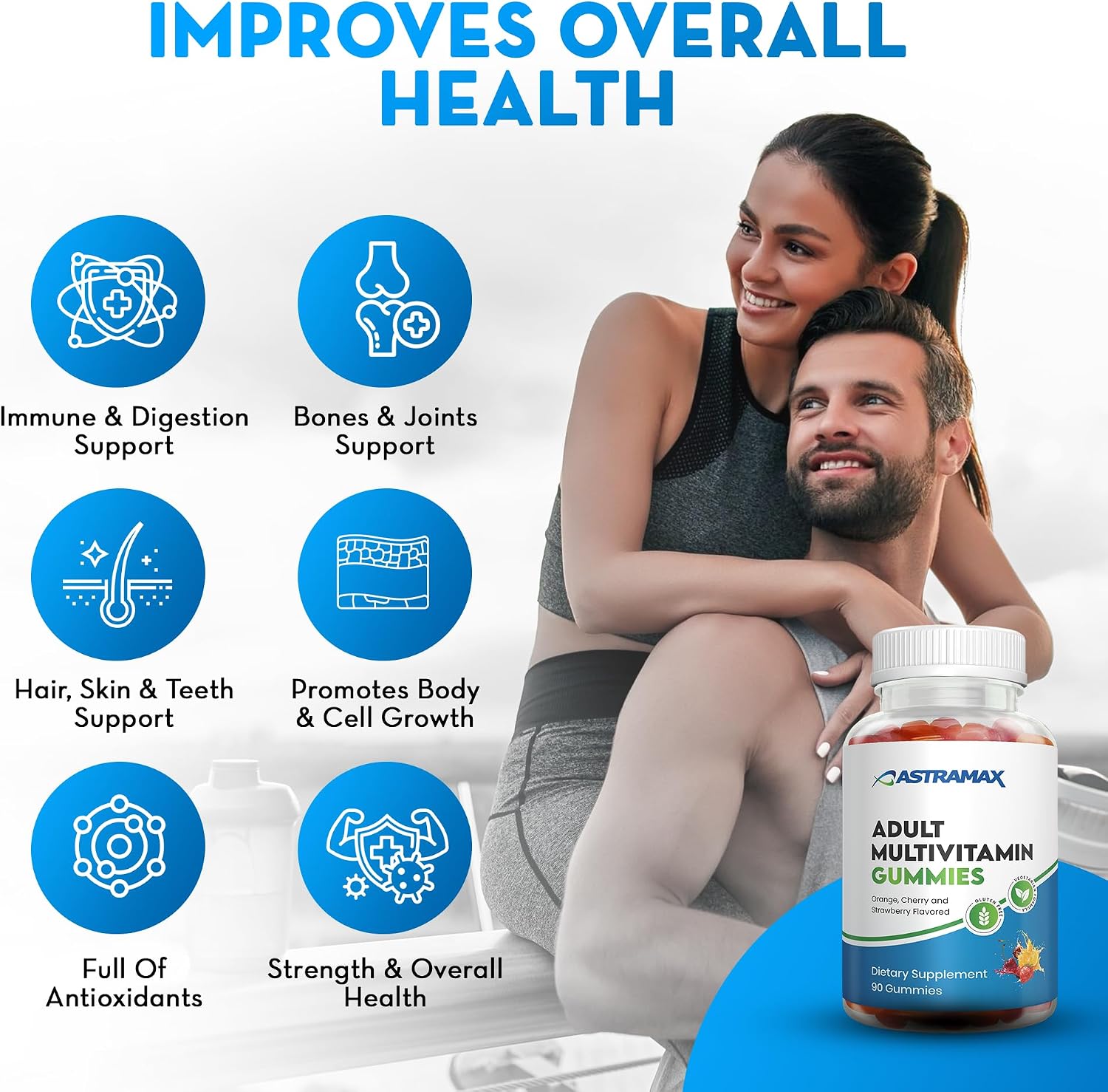 Astramax Multivitamínico en Gominolas para Adultos, 90 unidades - Sabores Naranja, Cereza y Fresa