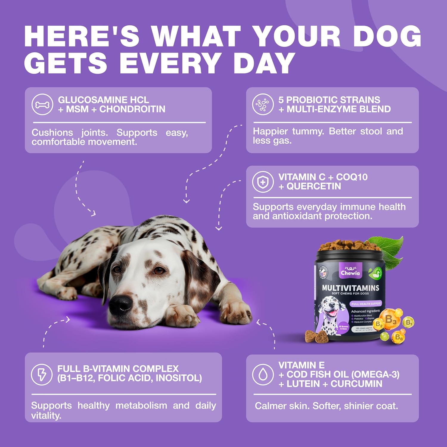 Golosinas Multivitamínicas 15 en 1 para Perros con MSM, Glucosamina y Quercetina – Apoyo Articular, Piel y Digestión