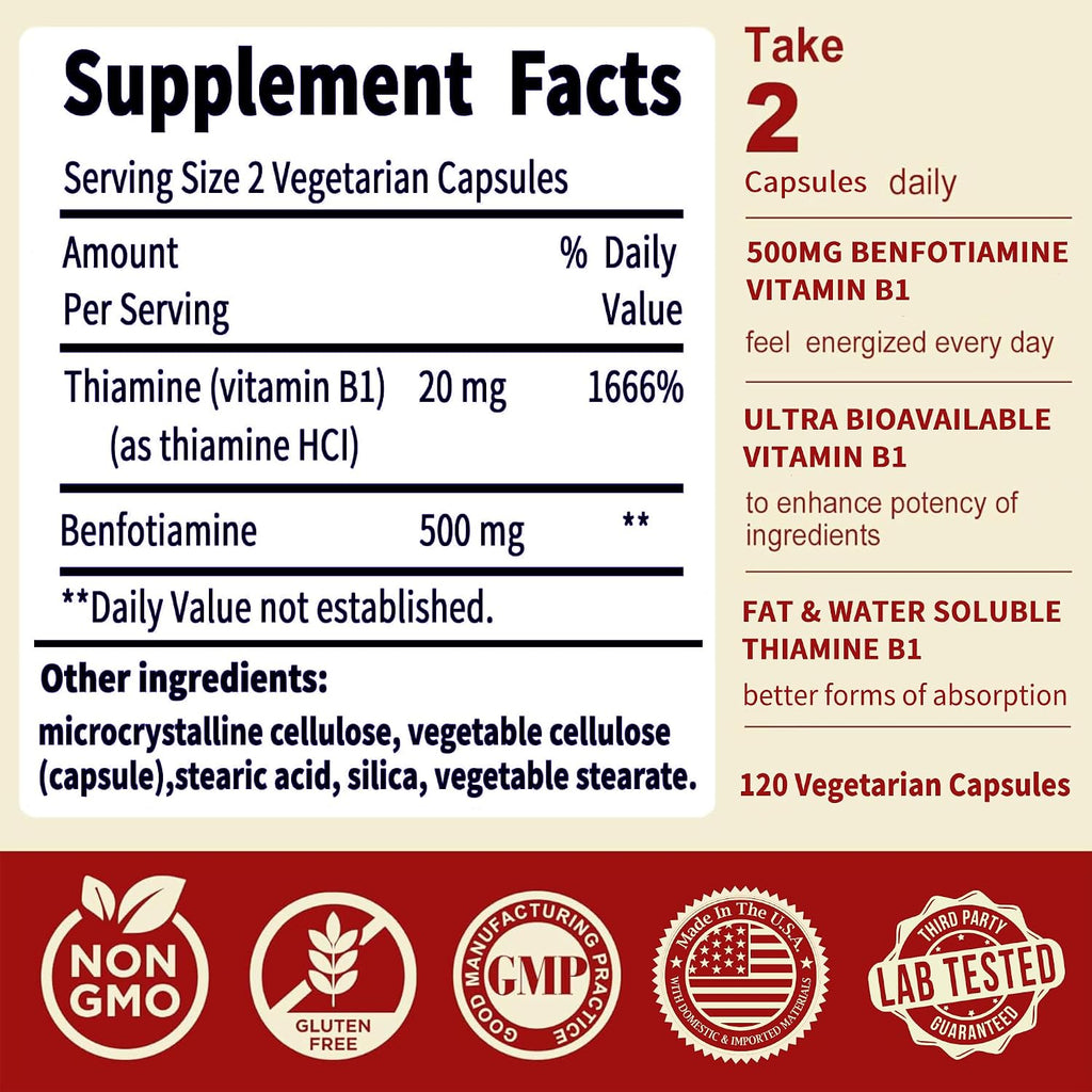 NoMiLu Vitamina B1 Benfotiamina 500mg – Suplemento de Tiamina Ultra-Biodisponible