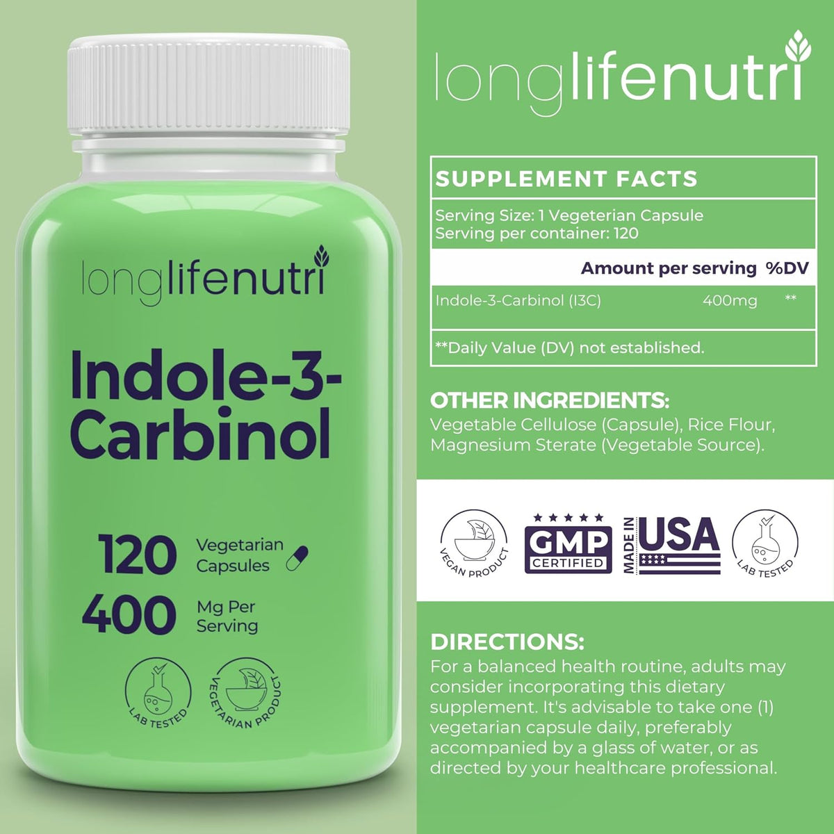 LongLifeNutri Indole-3-Carbinol 400mg – 120 Cápsulas Vegetales (4 Meses de Suministro) – Image 2