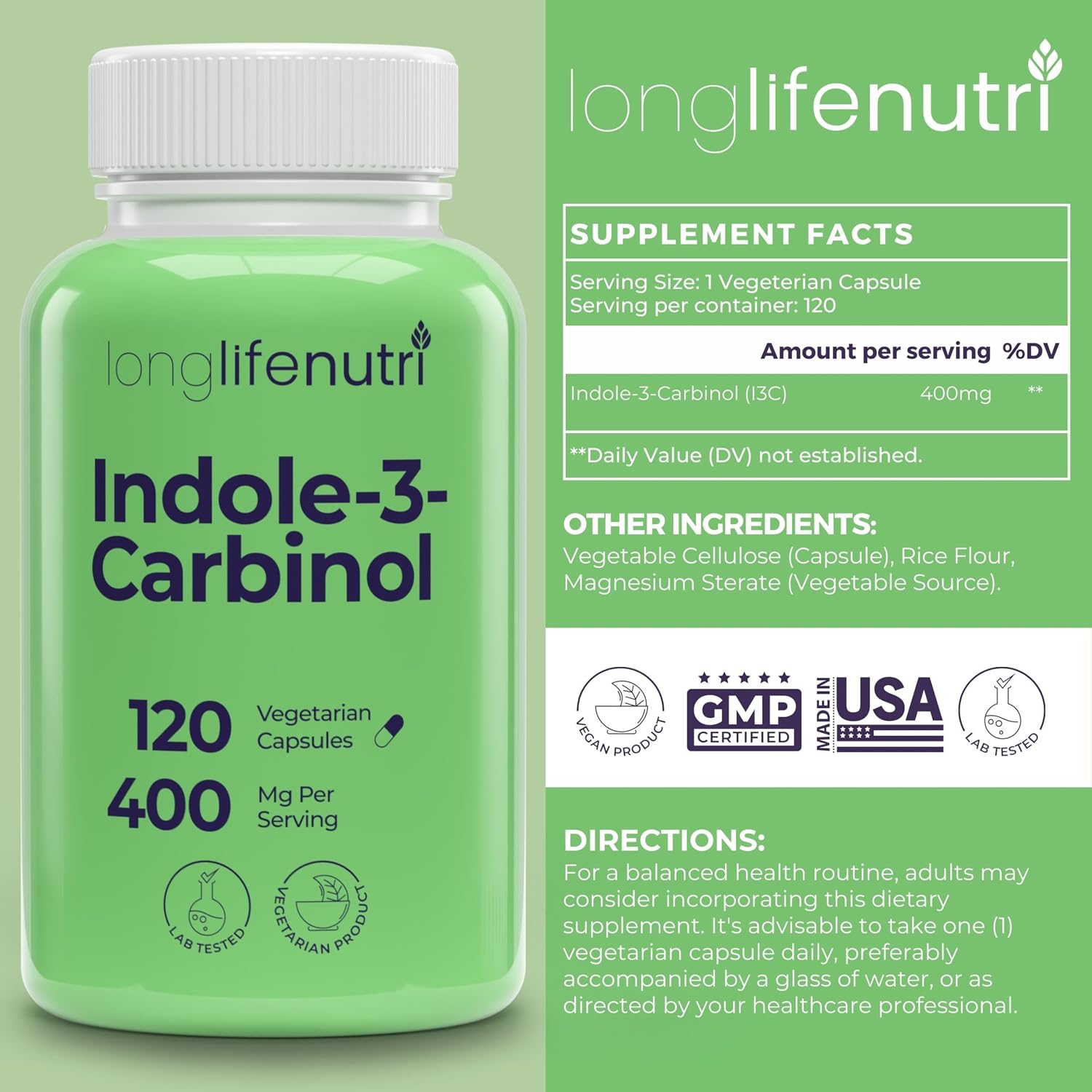 LongLifeNutri Indole-3-Carbinol 400mg – 120 Cápsulas Vegetales (4 Meses de Suministro)