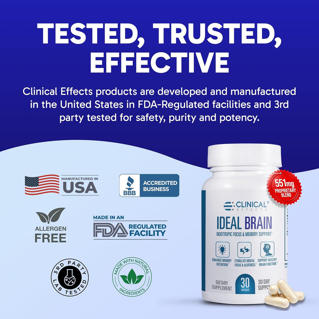 Clinical Effects Ideal Brain - Suplemento Nootrópico con Vitaminas B, GABA y Alpha-GPC, 30 Cápsulas Veganas