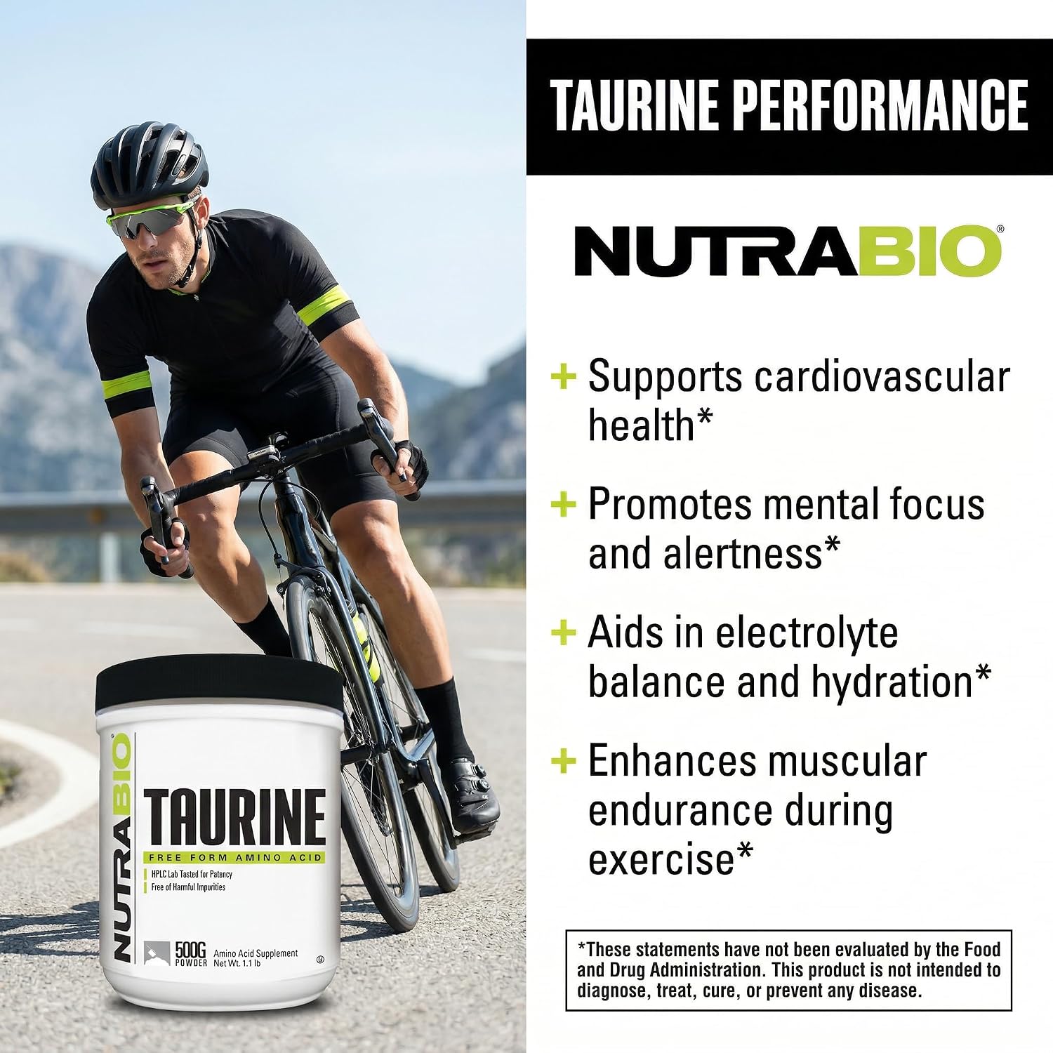 NutraBio Polvo de Taurina 500g | L-Taurina Pura Grado USP