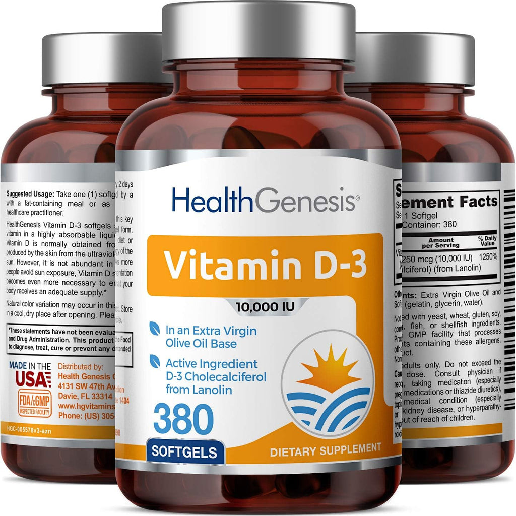 Vitamina D3 10000 UI 380 Cápsulas Blandas – Alta Potencia con Aceite de Oliva Virgen Extra
