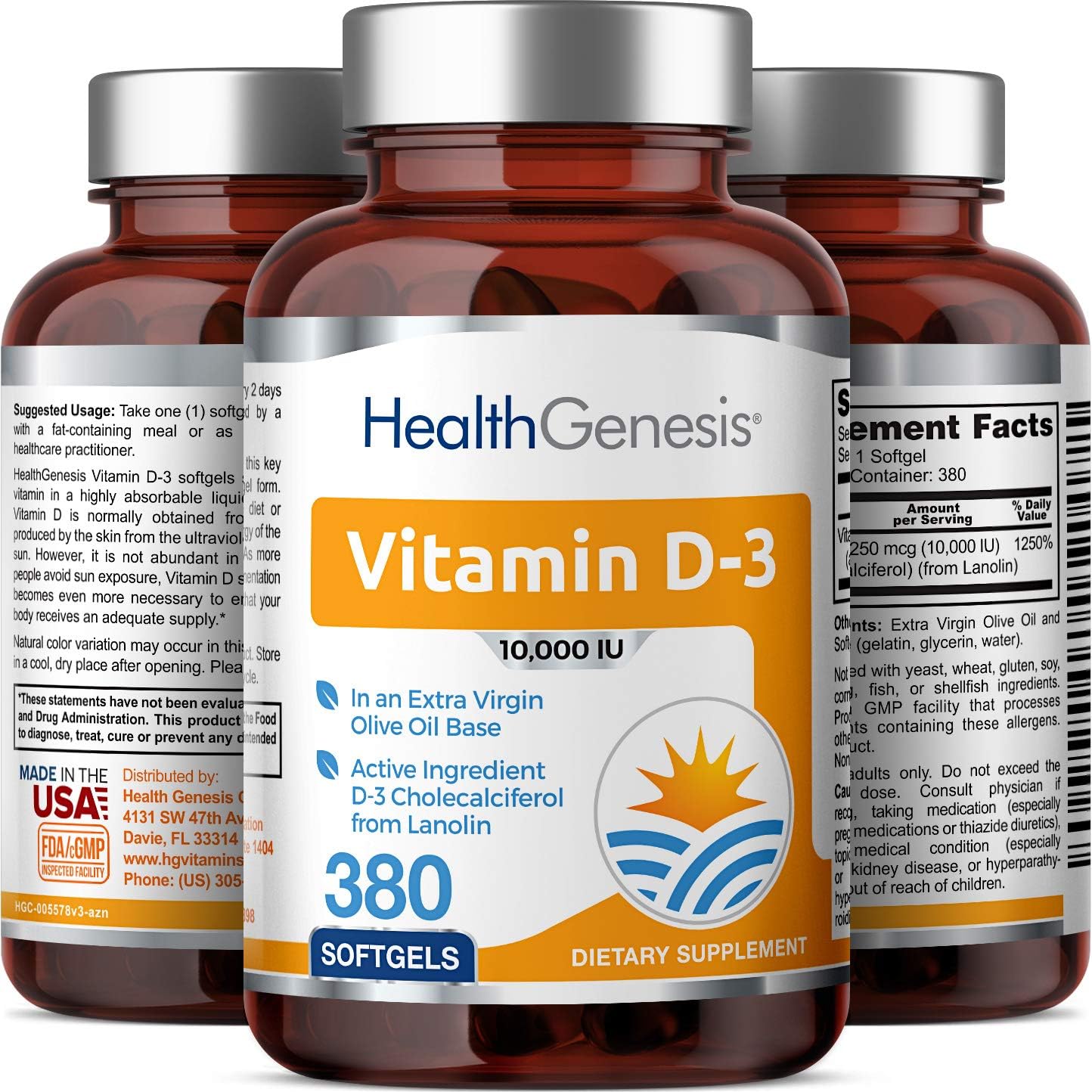 Vitamina D3 10000 UI 380 Cápsulas Blandas – Alta Potencia con Aceite de Oliva Virgen Extra