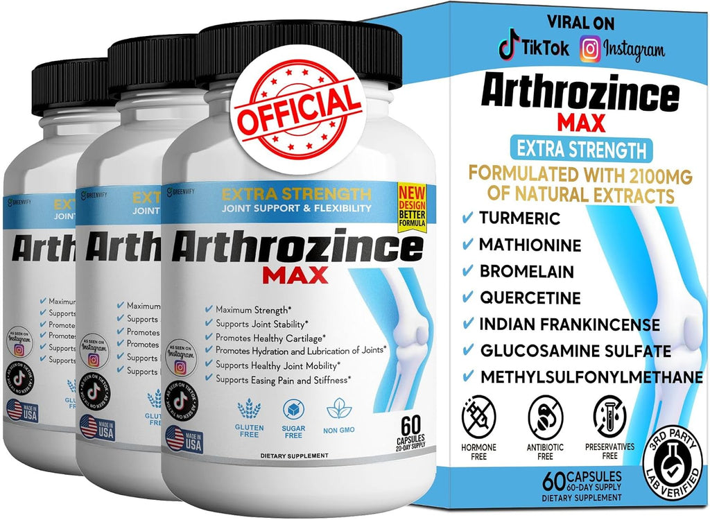Arthrozince Max Extra Strength Joint Support – Glucosamine, Chondroitin, MSM, Boswellia, Turmeric – 60 Cápsulas