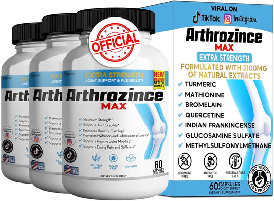 Arthrozince Max Extra Strength Joint Support – Glucosamine, Chondroitin, MSM, Boswellia, Turmeric – 60 Cápsulas