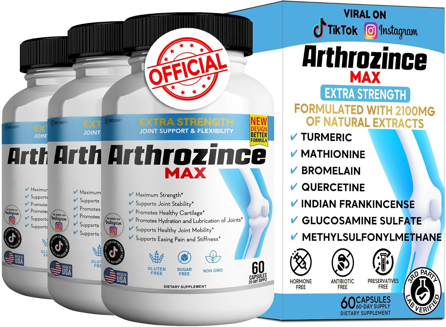 Arthrozince Max Extra Strength – Apoyo Articular con Glucosamina, Condroitina, MSM, Boswellia y Cúrcuma – 60 Cápsulas (2 Envases)
