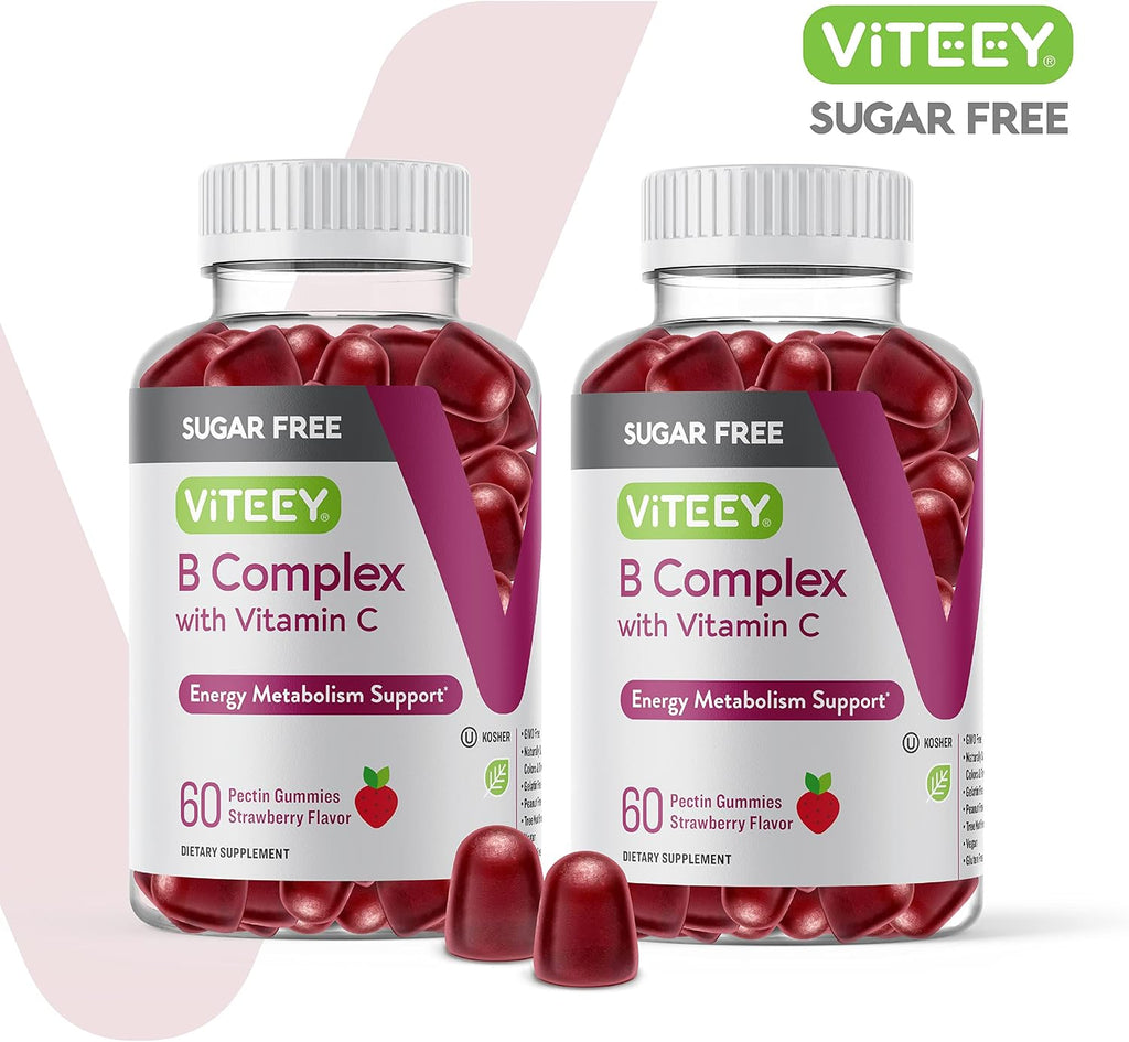 Viteey Gomitas de Complejo B con Vitamina C, Sin Azúcar | Energía, Metabolismo y Salud Nerviosa - B6, B12, Ácido Fólico, Biotina - Vegano, Sin Gelatina, Sin OMG - Sabor Fresa