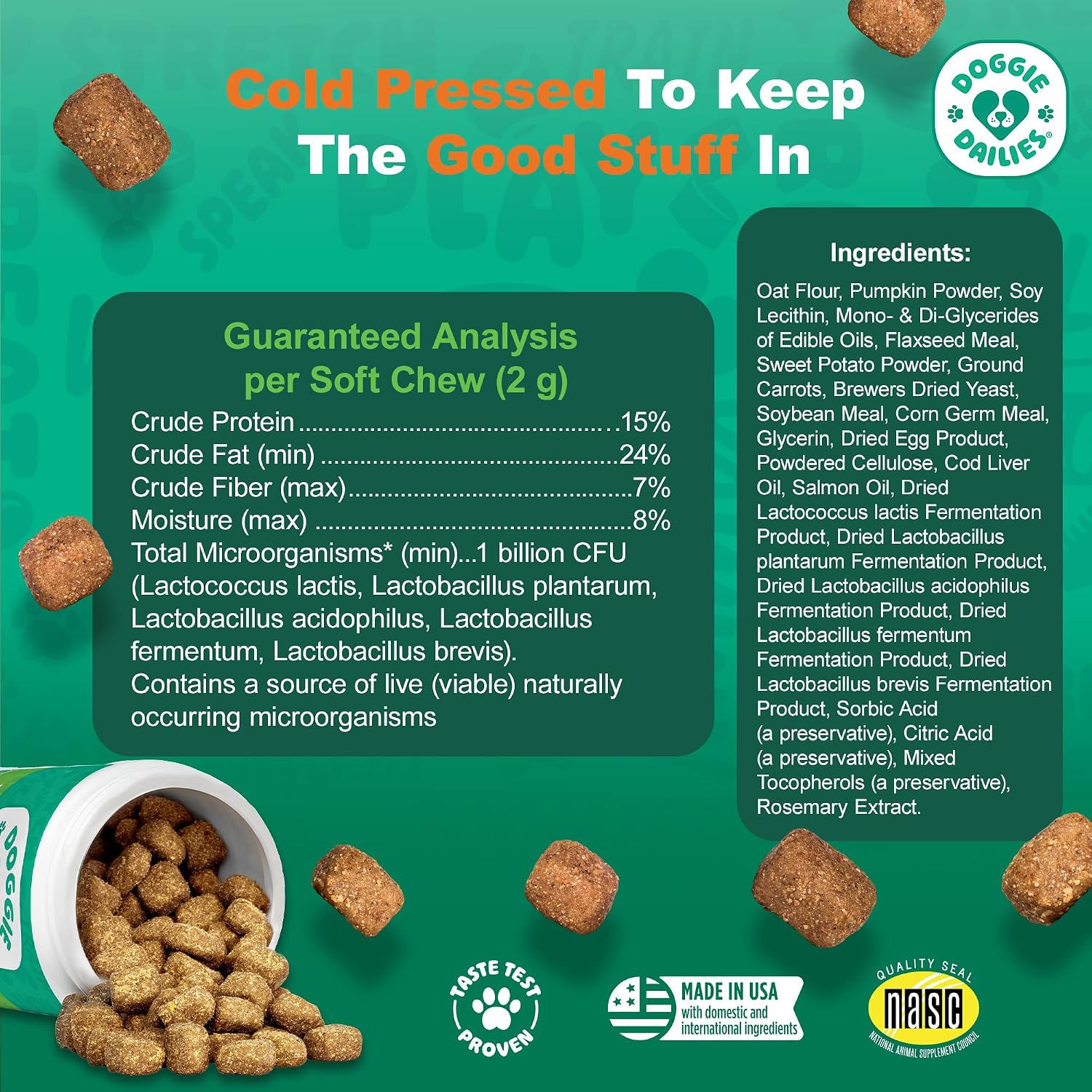 Doggie Dailies Probióticos para Perros con Prebióticos - 225 Masticables Blandos Sabor Calabaza