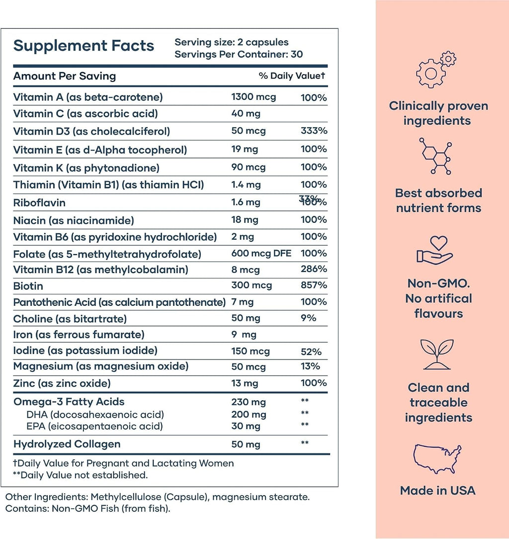 BabyRx Complete Postnatal+ - Vitaminas Postnatales con Omega-3 DHA, EPA, Colágeno, Ácido Fólico y Hierro - 60 Cápsulas (30 Días)