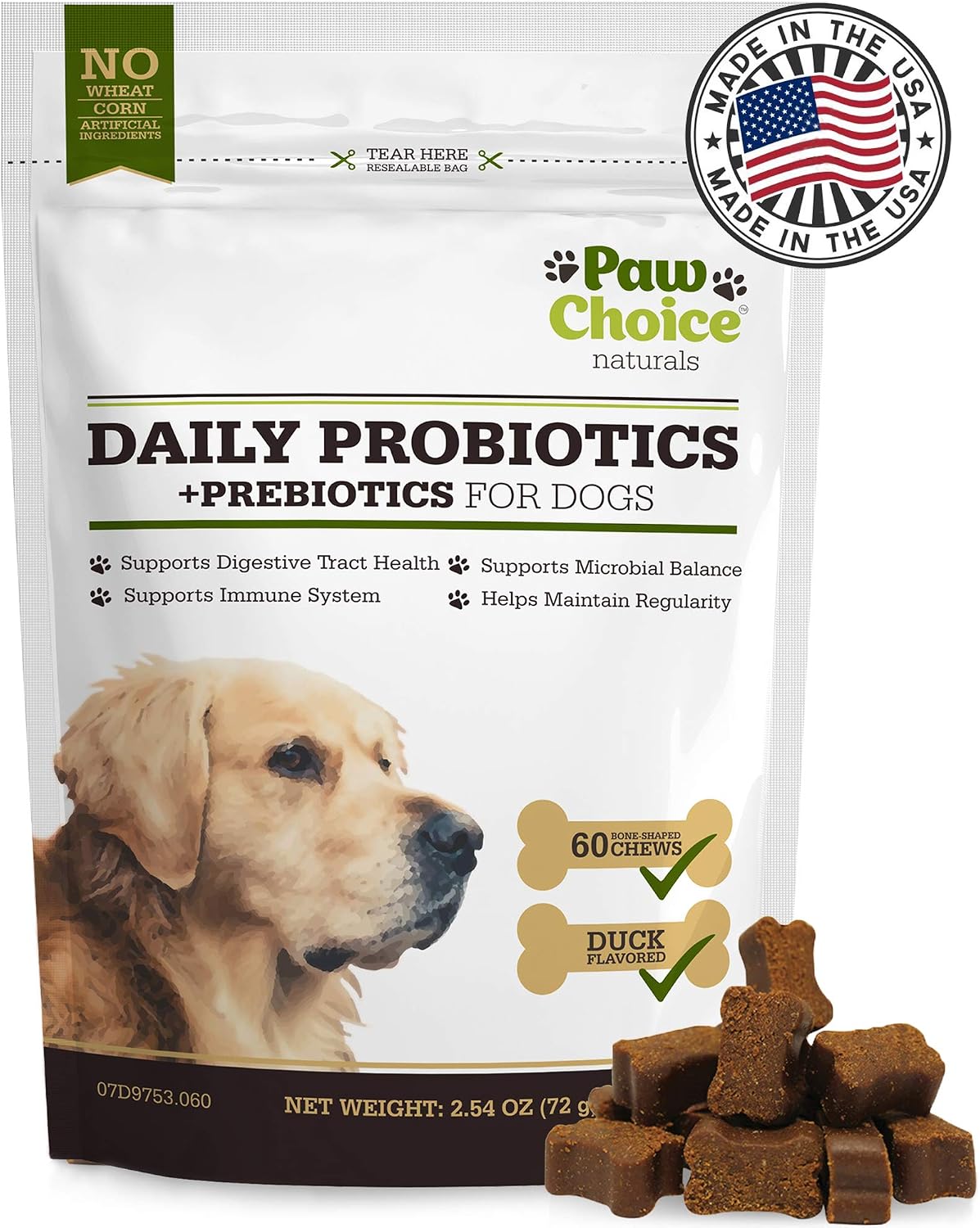 Paw Choice Probióticos para Perros con Prebióticos - Masticables Diarios para la Salud Intestinal, Digestión, Regularidad y Apoyo Inmunológico - Suplemento Natural en Forma de Golosina Hecho en EE. UU.