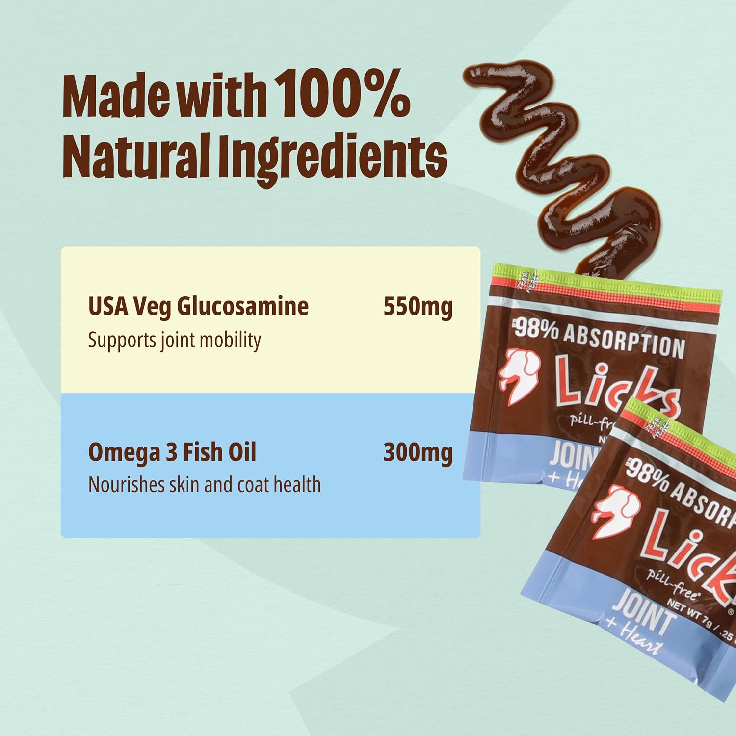 Licks Joint & Heart Support - Apoyo para articulaciones y corazón - MSM, Omega-3 y Vitamina E - Sobres de gel sabor pollo - 10 sobres