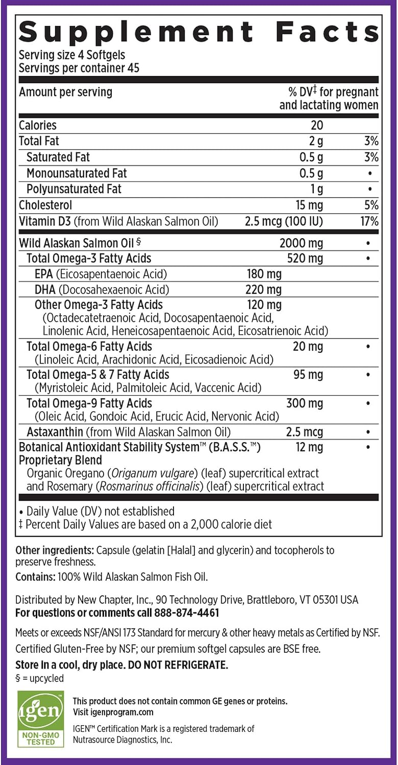 New Chapter Wholemega for Moms – Aceite de Salmón Salvaje con DHA + Vitamina D3, 180 Cápsulas
