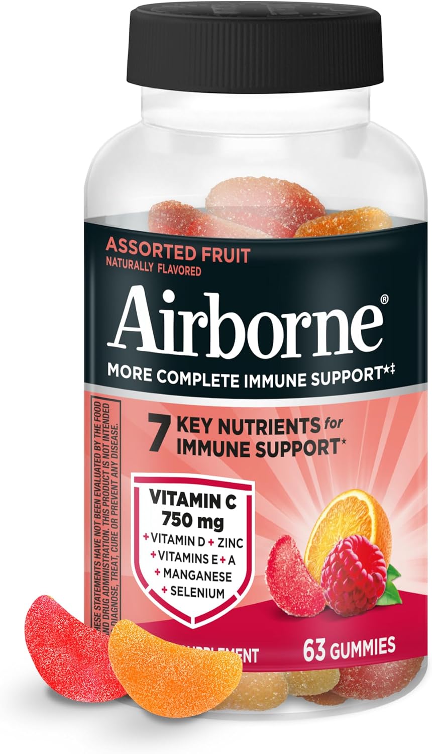 Airborne Gomitas de Apoyo Inmune, Sabor a Frutas Variadas, 63 unidades - 750 mg de Vitamina C con Vitaminas A, D, E, Zinc, Selenio y Manganeso