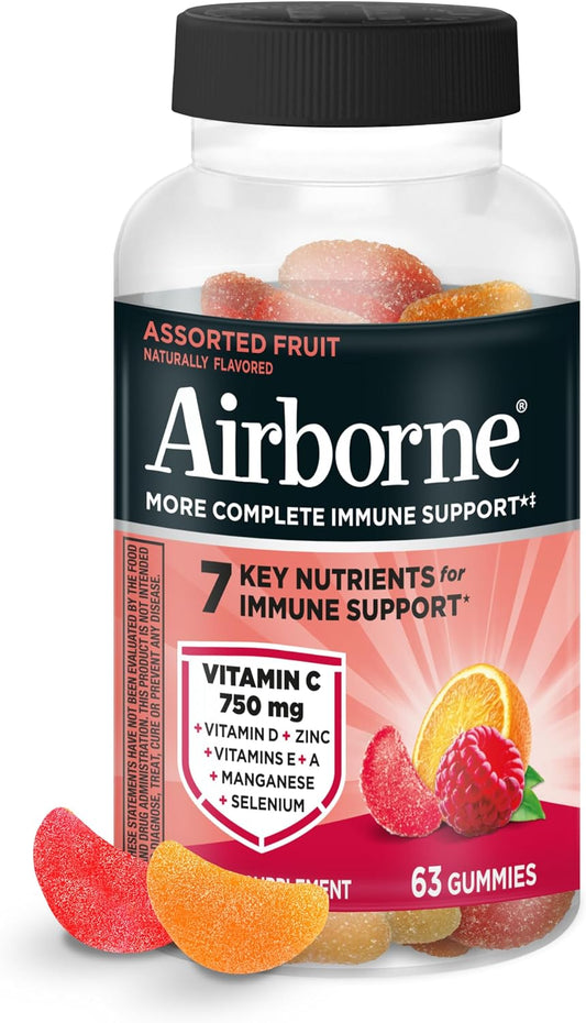 Airborne Gomitas de Apoyo Inmunológico, Sabor a Frutas Variadas, 63 unidades - 750 mg de Vitamina C + Vitaminas A, D y E + Zinc, Selenio y Manganeso | Mezcla de Hierbas | Sabor Natural
