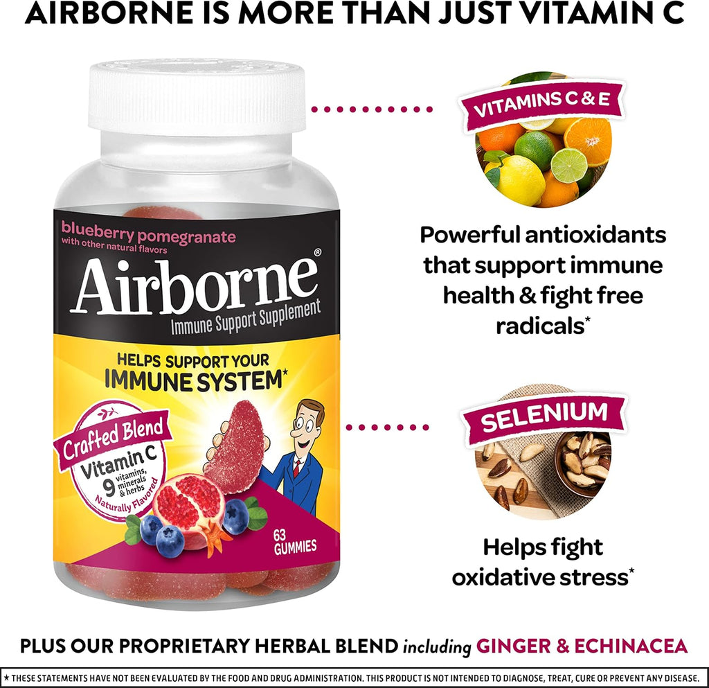 Airborne Gummies de Vitamina C 750 mg para Adultos, Suplemento de Apoyo Inmunológico con Potentes Antioxidantes Vitaminas A, C y E - 63 Gominolas, Sabor Arándano y Granada