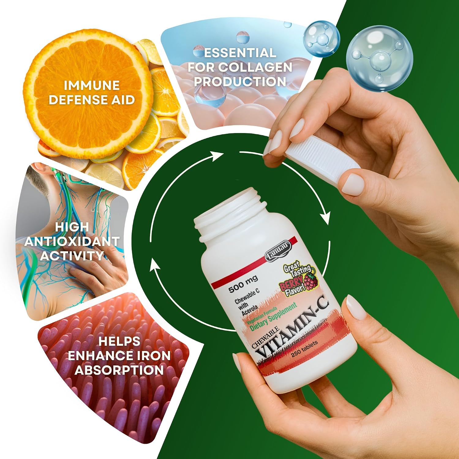 LANDAU 500 mg Vitamina C Masticable con Acerola para Niños y Adultos – Suplemento de Vitamina C – Kosher y Fabricado en EE. UU. – Delicioso Sabor a Bayas, 250 Comprimidos