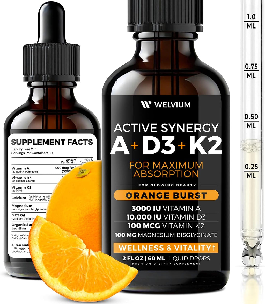 WELVIUM 7-en-1 Gotas Líquidas de Vitamina D3 K2 con Magnesio, 10.000 UI, MK-7, Vitamina A, Calcio, Aceite MCT y Lecitina de Girasol Orgánica