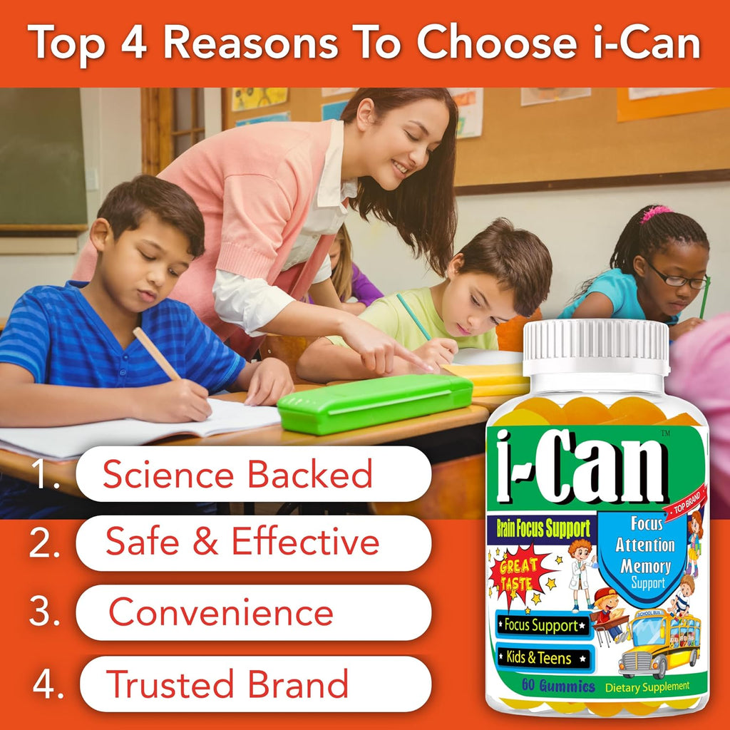 I-Can Kids Focus Gummies con Omega 3 DHA - 60 Gominolas para Niños